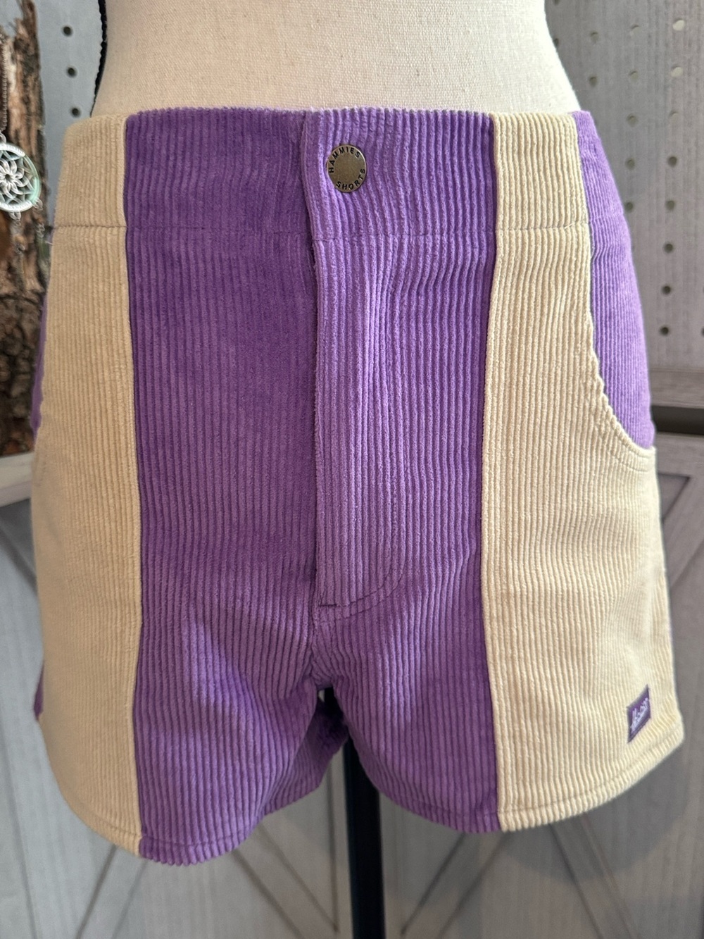 Hammies Women’s High-Waist Corduroy Shorts – Purple/Sand Colorblock 28
